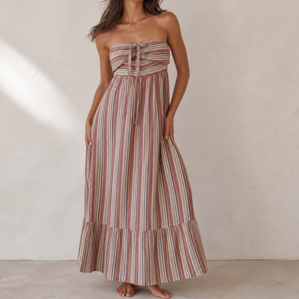 Boho‎ Striped Strapless Maxi Dress Tie Front Tiered Ruffle Sun Dress Multi L1